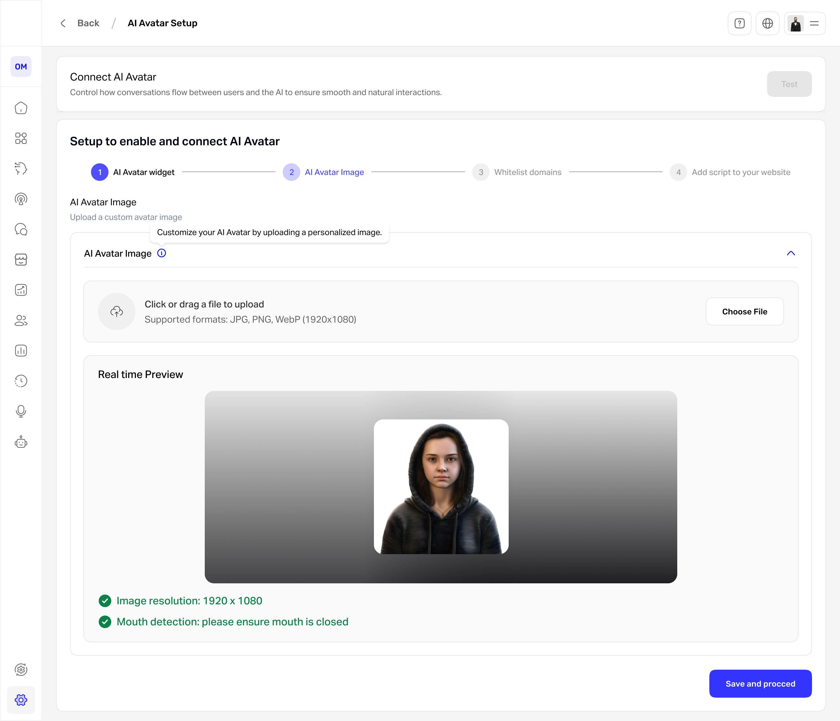 AI Avatar setup with a four-step wizard, an image upload, and a real-time preview with validation checks
