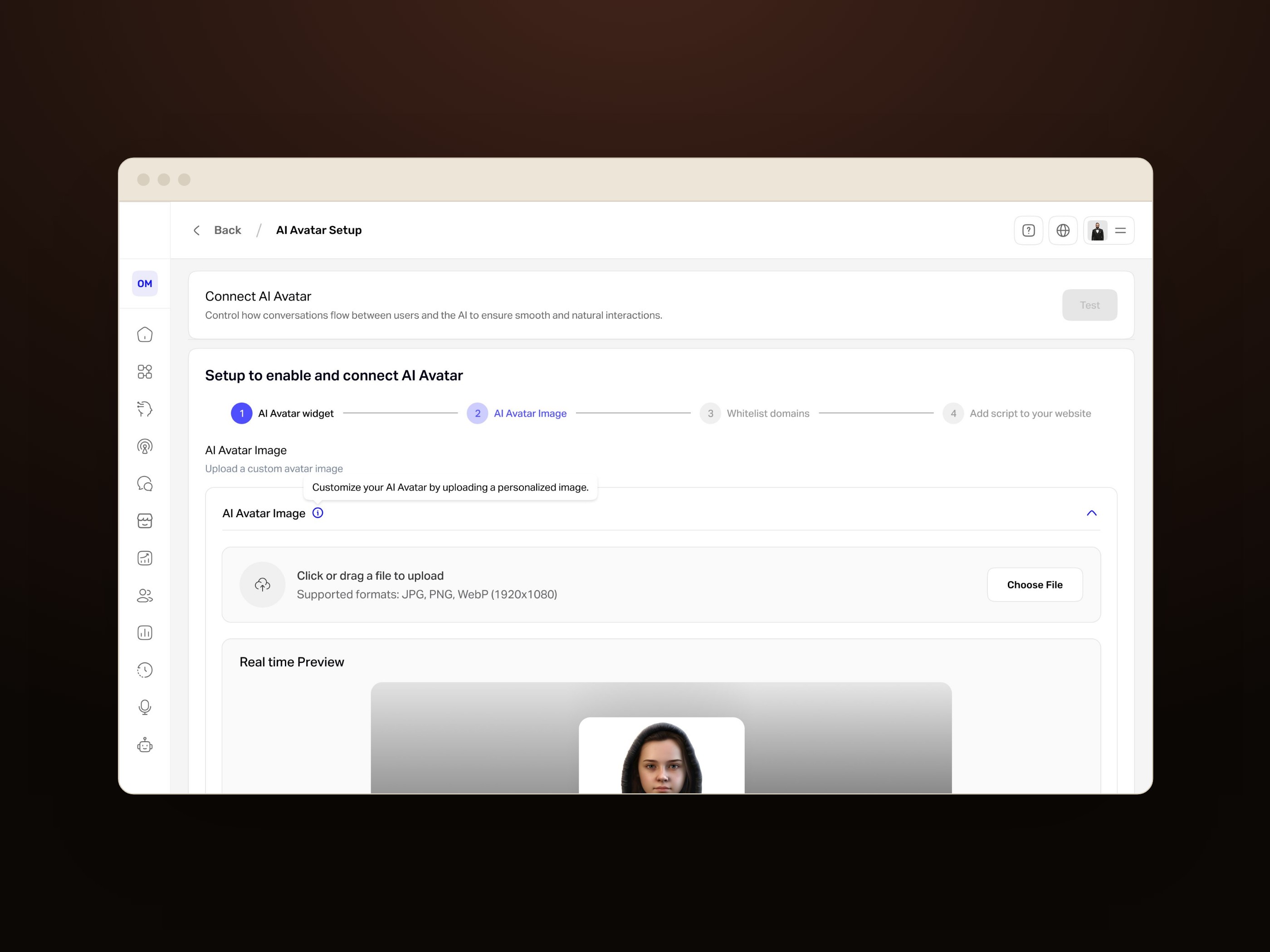 AI Avatar setup wizard with image upload and a real-time preview