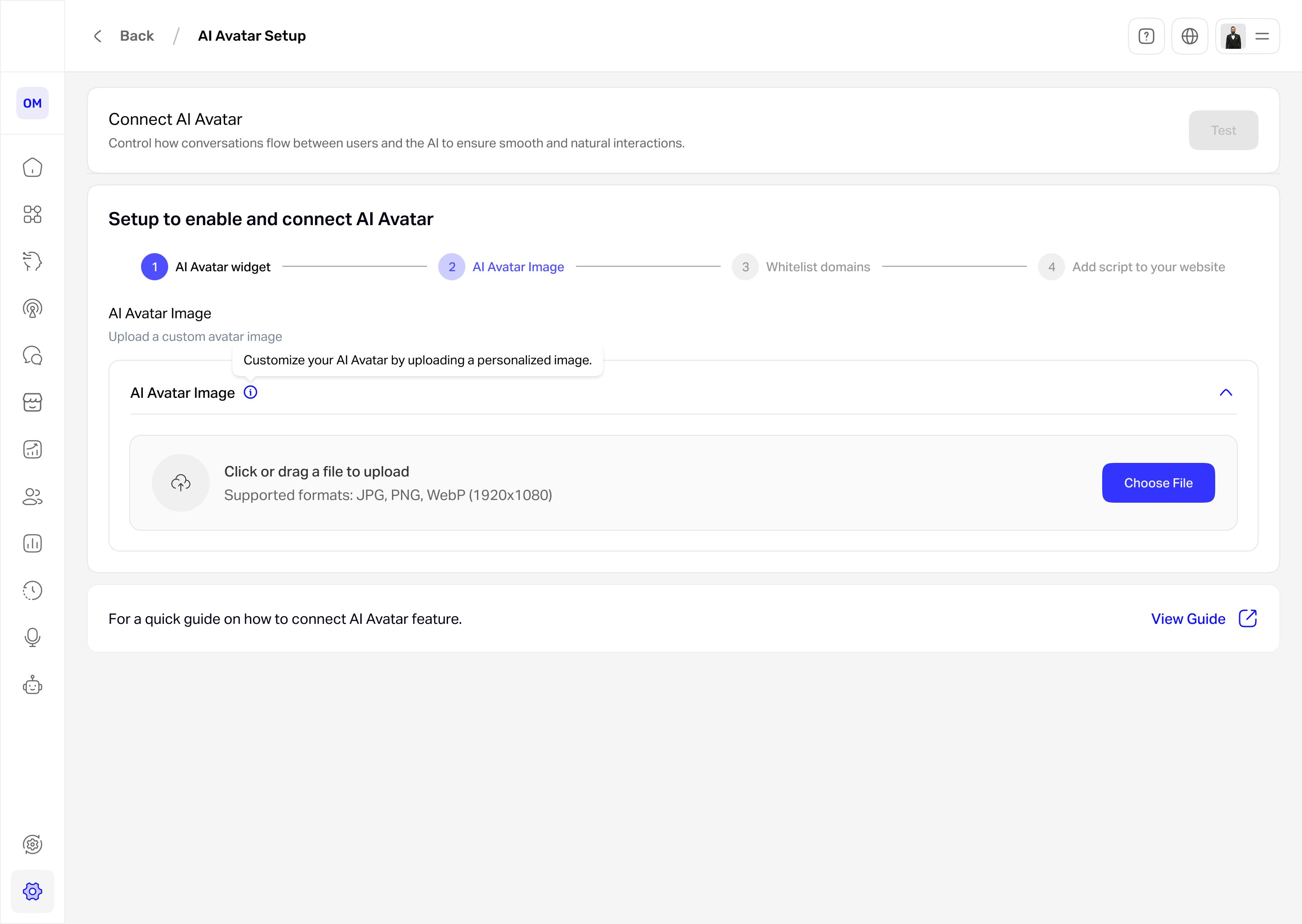 AI Avatar setup wizard with a four-step stepper and an image upload area