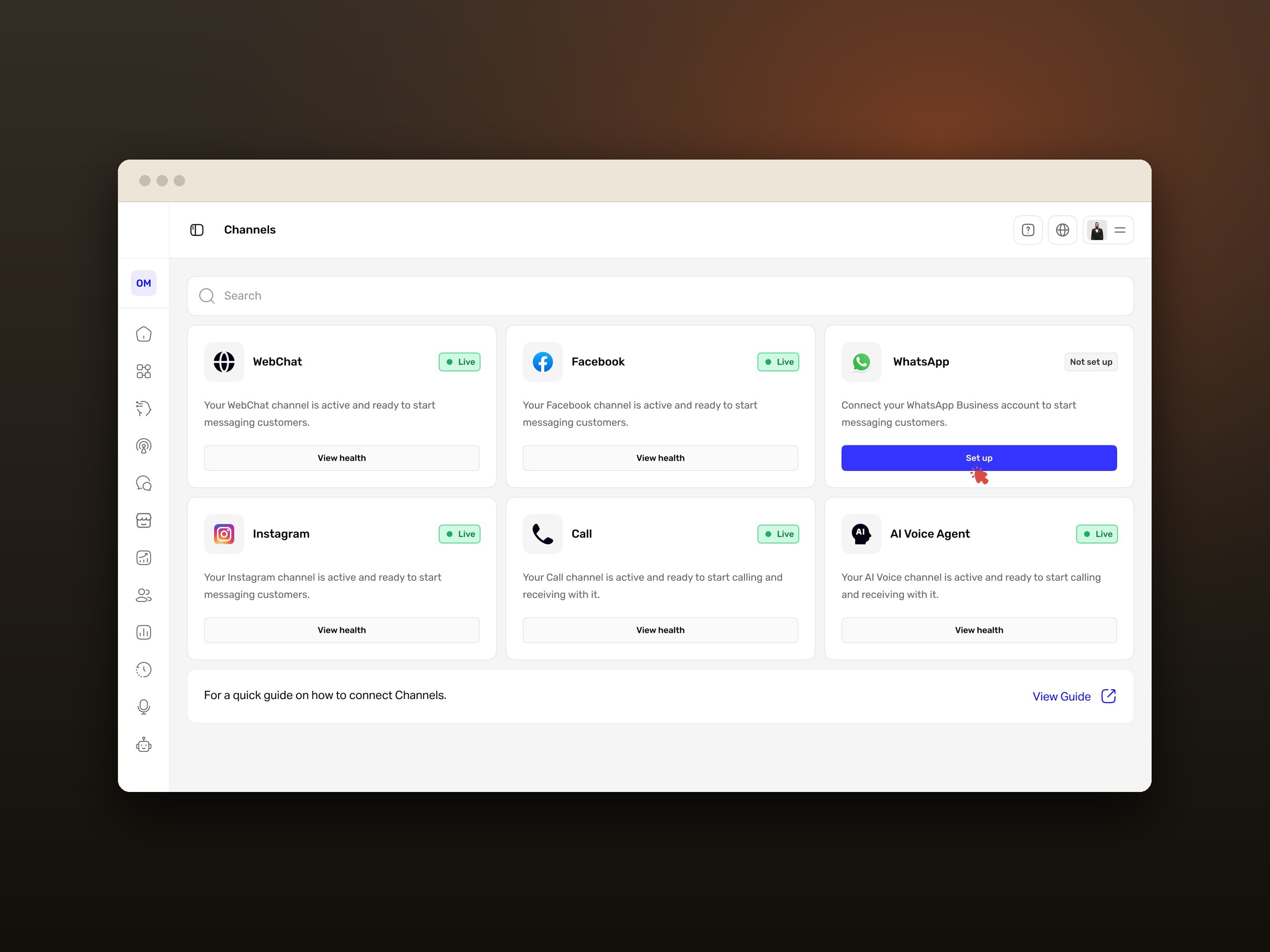 Redesigned channels overview with a guided WhatsApp setup