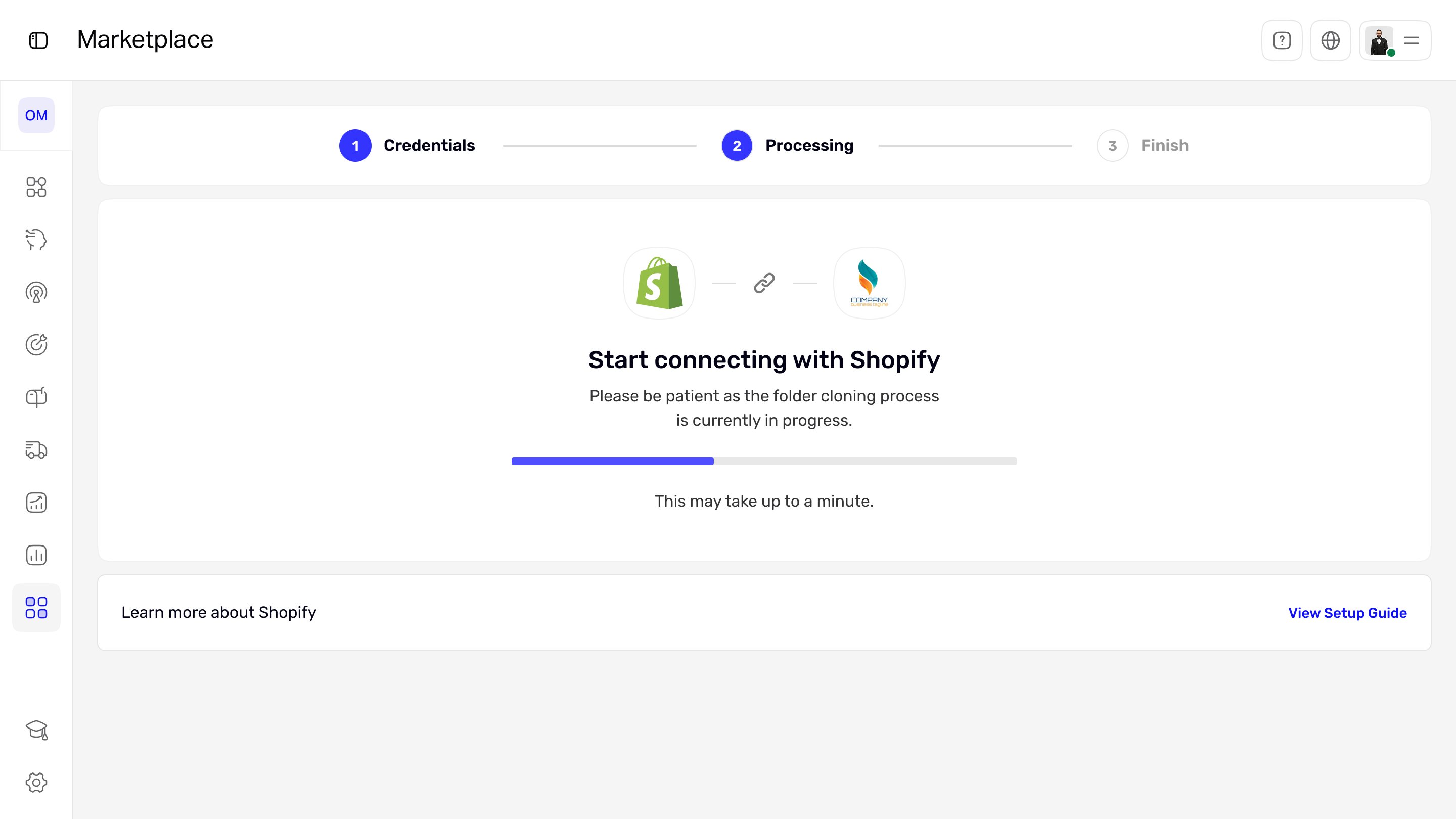 Three-step Shopify connection flow showing a progress state