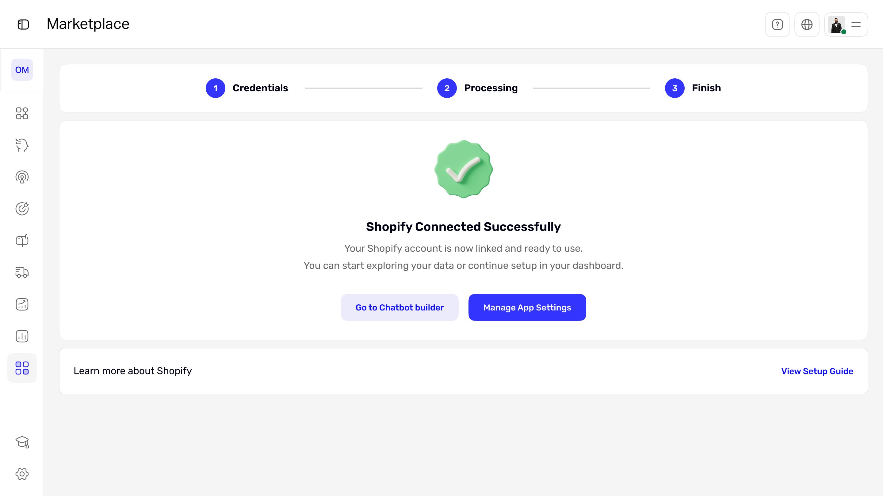 Success screen: Shopify connected, with two clear next actions