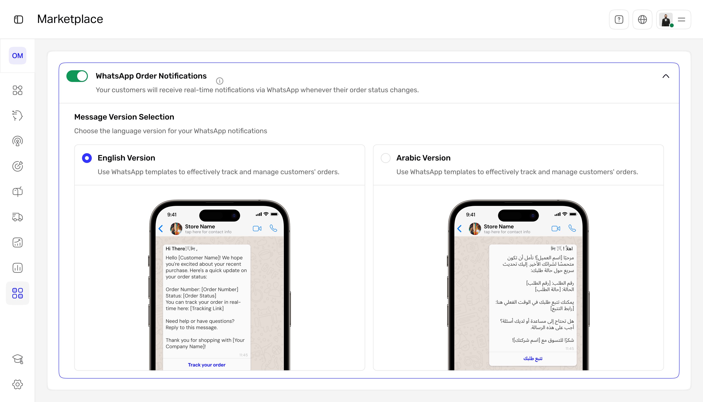 WhatsApp Order Notifications settings with English and Arabic message previews
