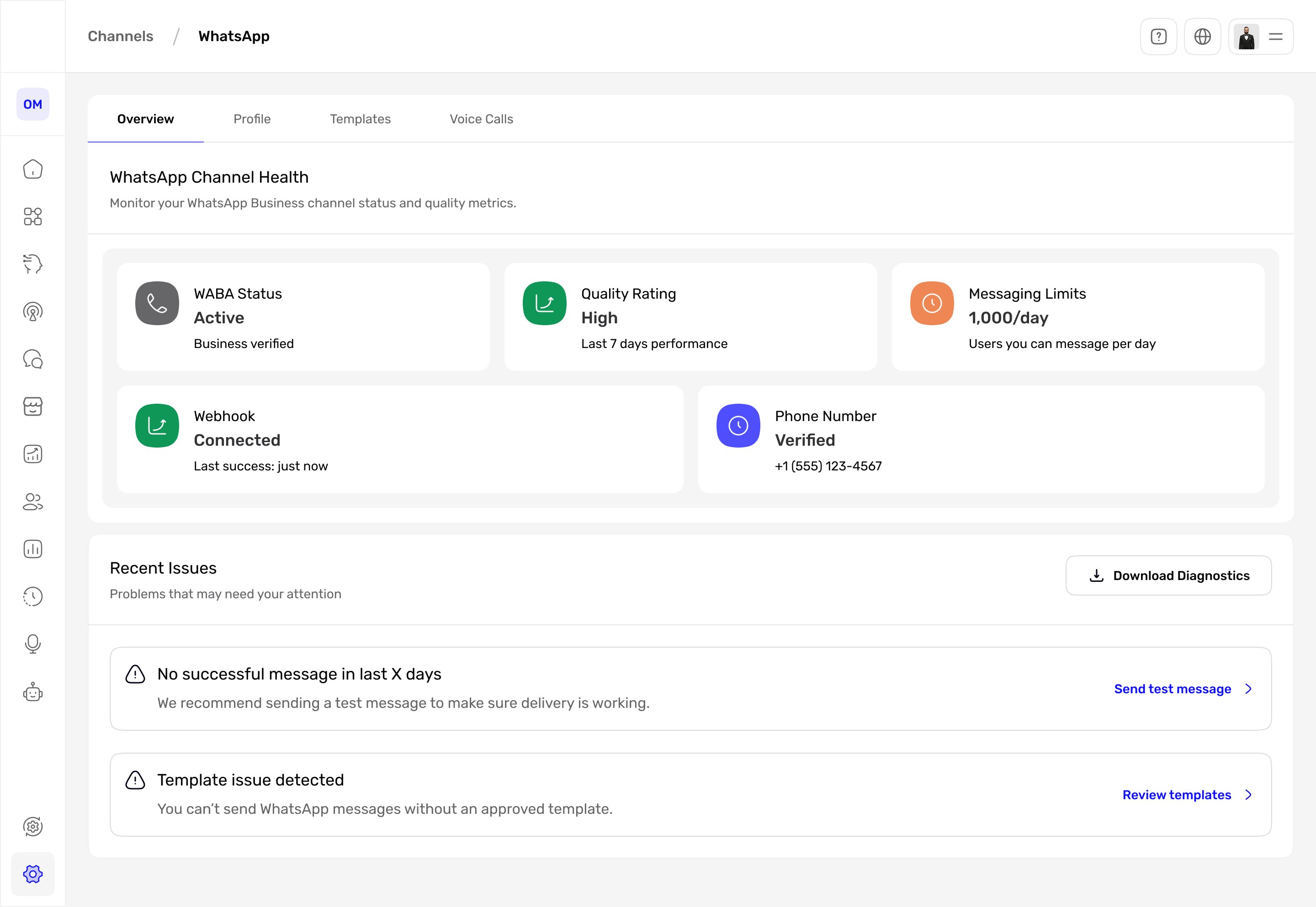 Redesigned WhatsApp channel, Overview tab, showing channel health cards for WABA status, quality rating, messaging limits, webhook and phone number, plus a list of recent issues with actions