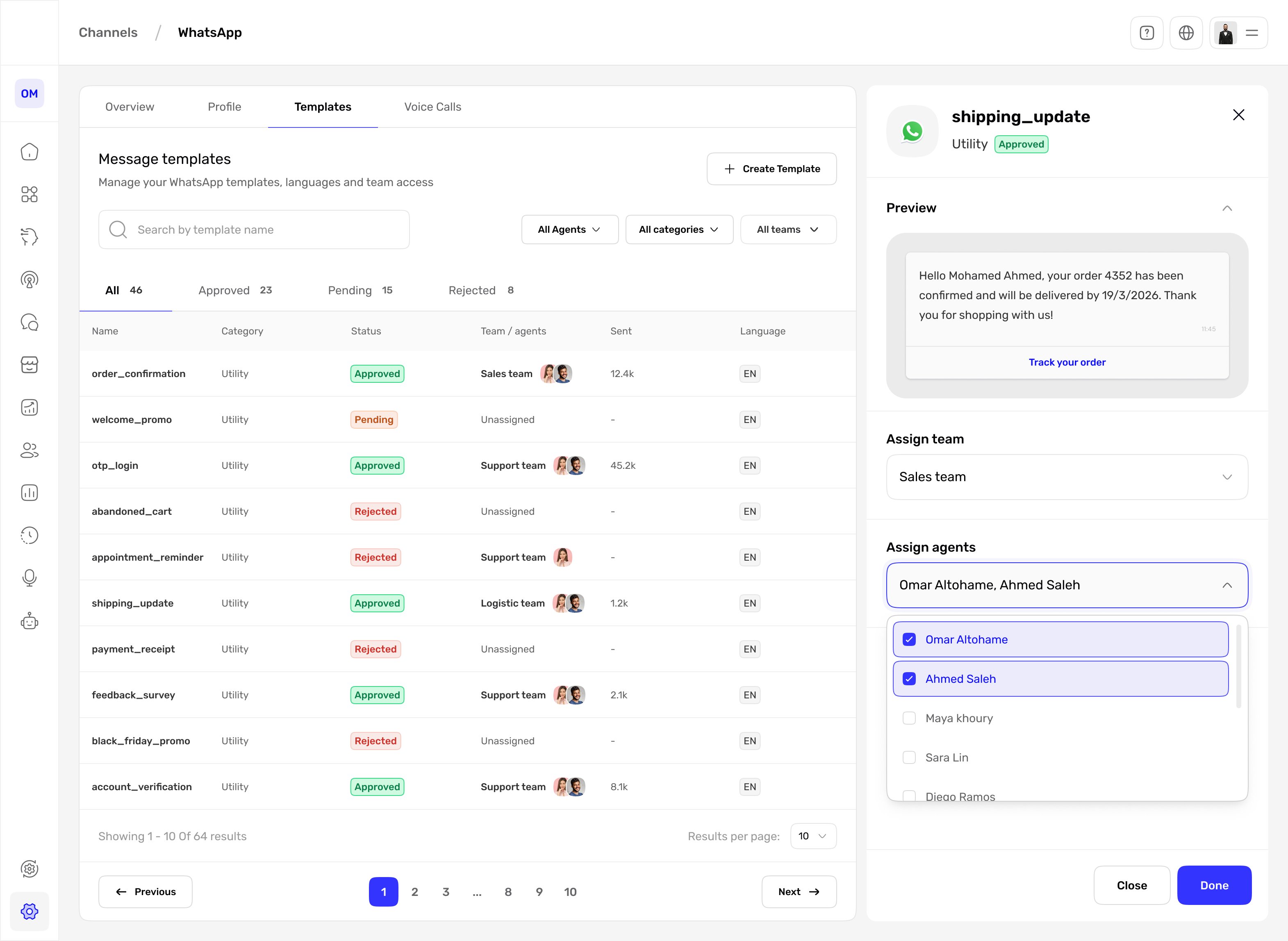 Templates tab: a message templates table with name, category, status of approved, pending or rejected, team and agents, sent volume and language, plus a side panel previewing a template and assigning it to a team and specific agents