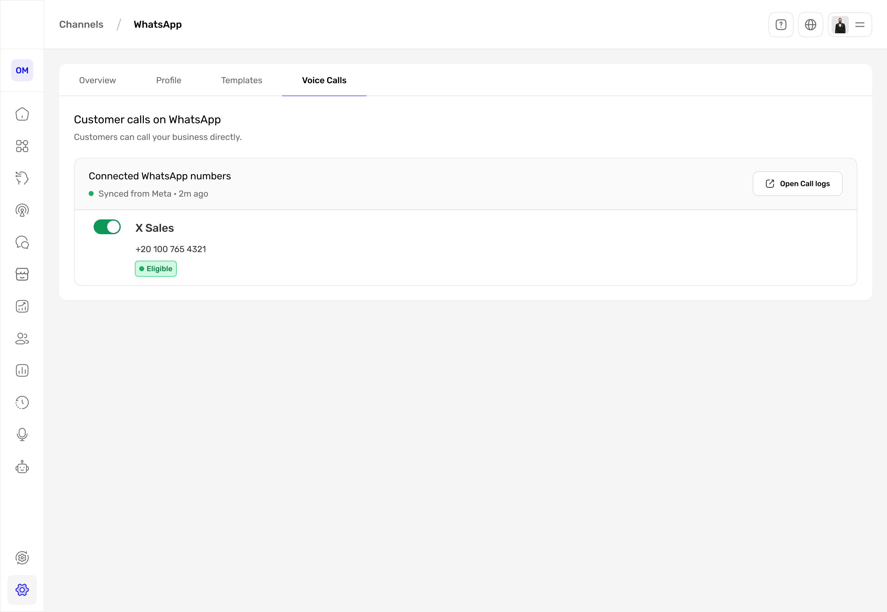 Voice Calls tab: customer calls on WhatsApp, connected numbers synced from Meta, one number toggled on with an eligible badge, and a link to open call logs