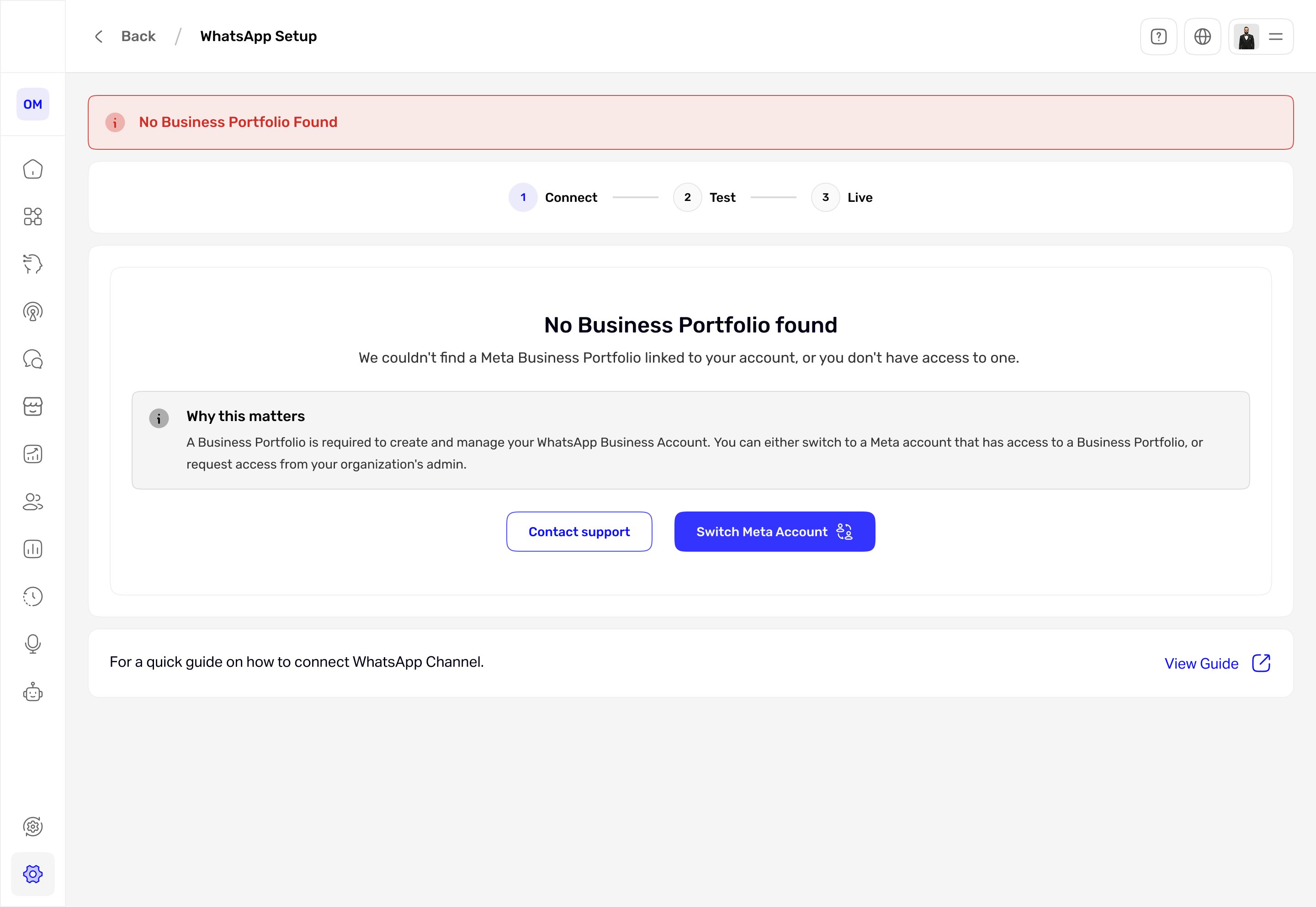 Connect step error: No Business Portfolio found, with an explanation of why it matters and Switch Meta Account and Contact support actions