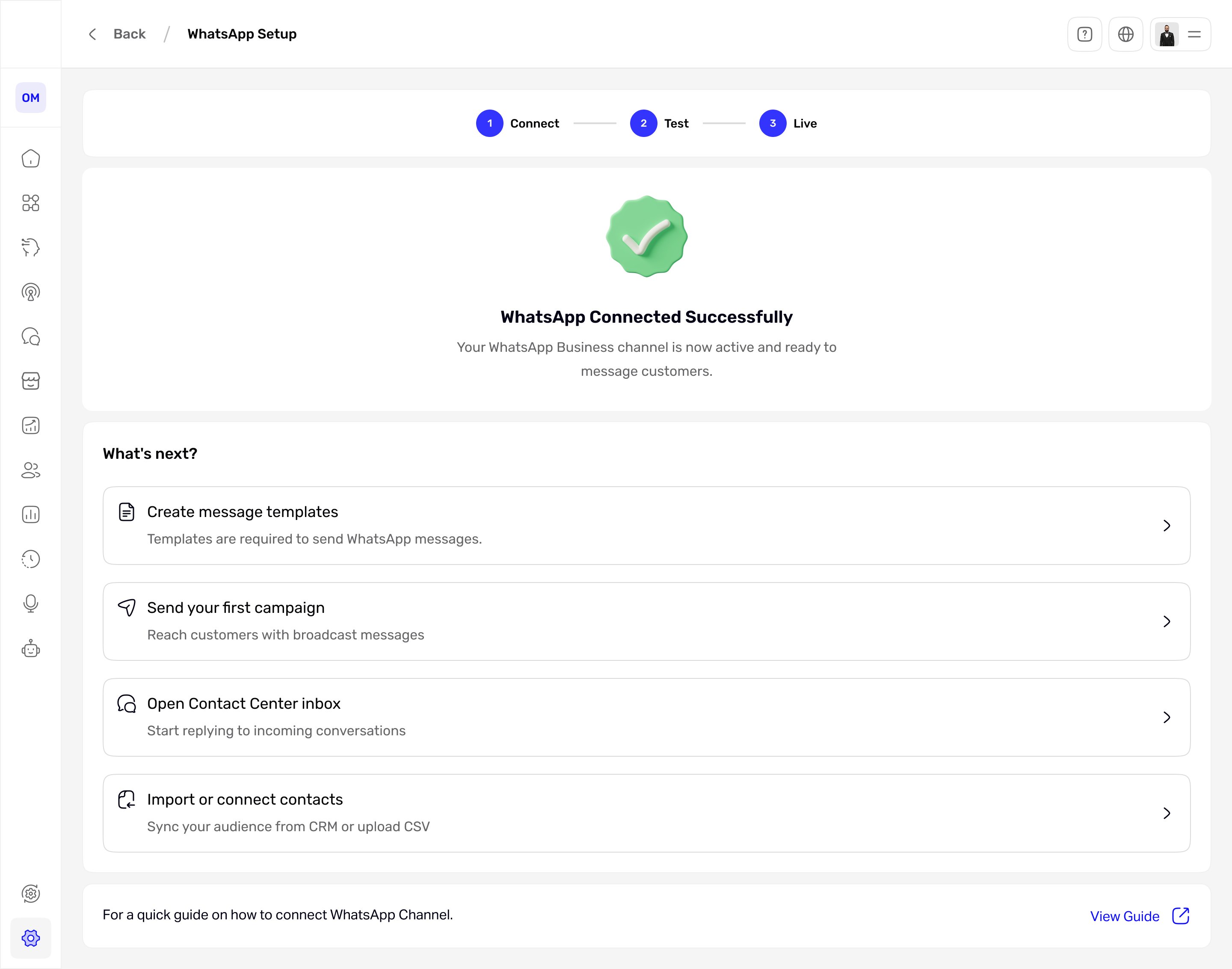 Live step: WhatsApp connected successfully, with four clear next actions