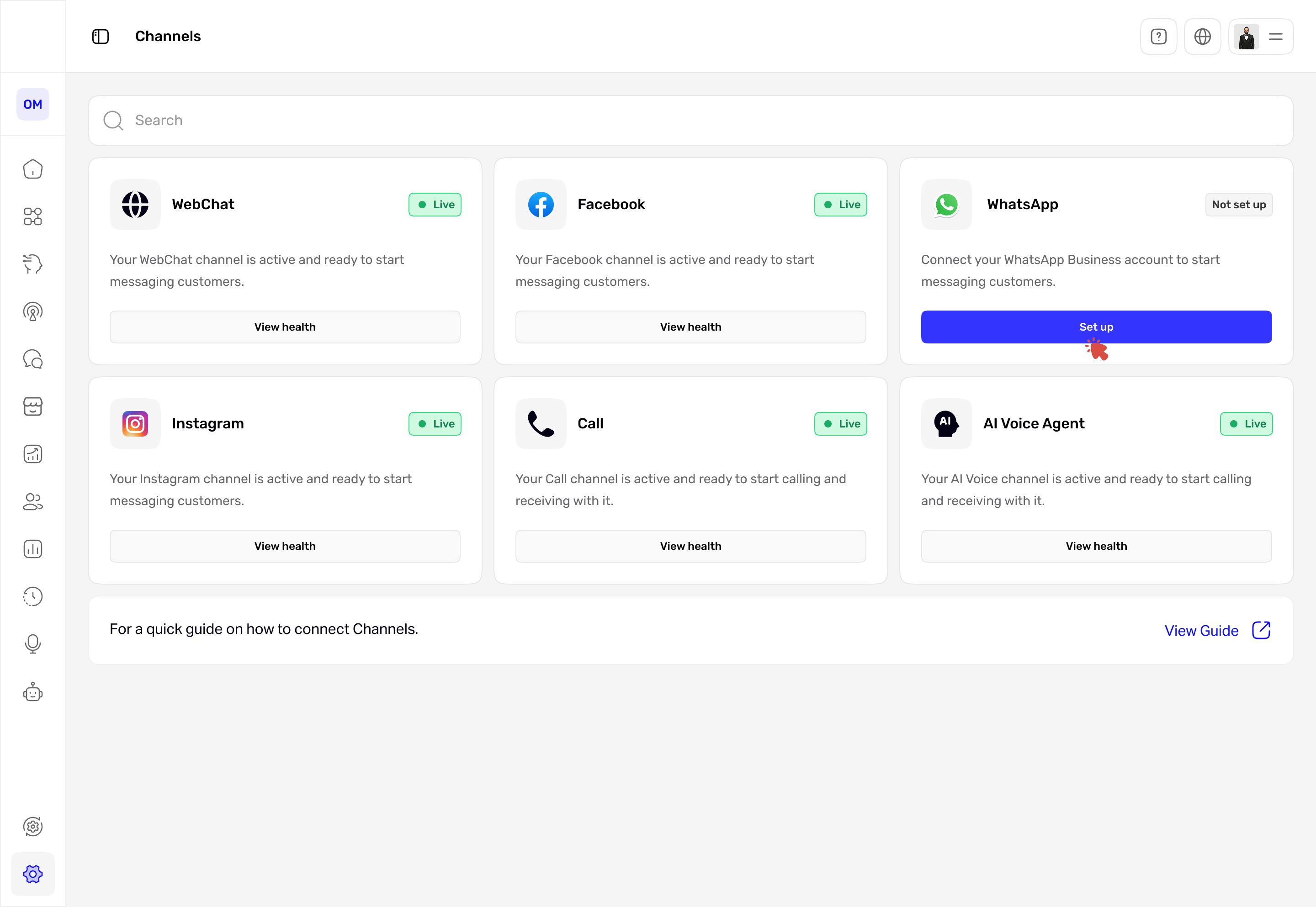Channels overview page showing WebChat, Facebook, WhatsApp, Instagram, Call and AI Voice Agent, each with a status and one clear action