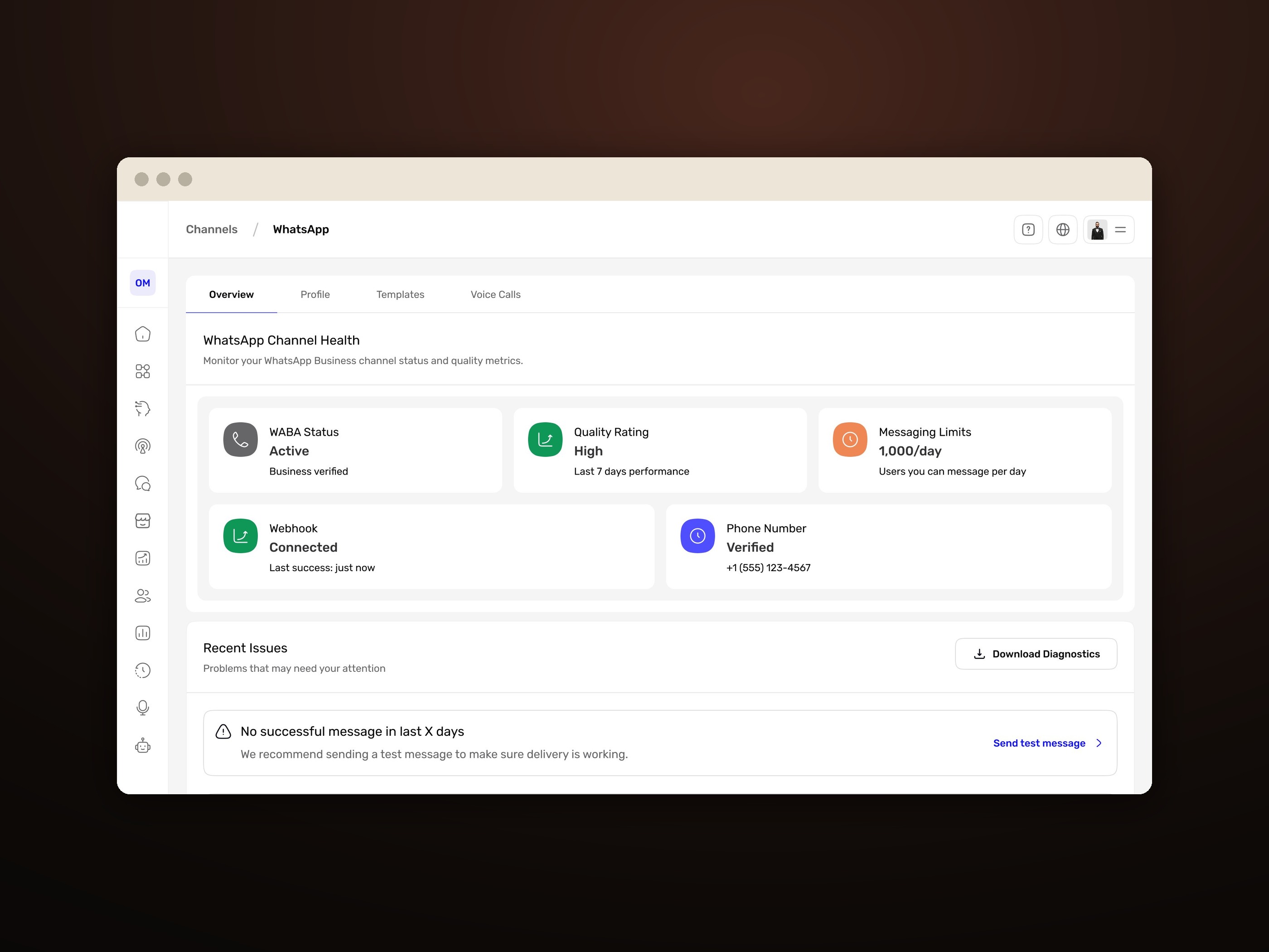 Redesigned WhatsApp channel, Overview tab, shown in a browser window