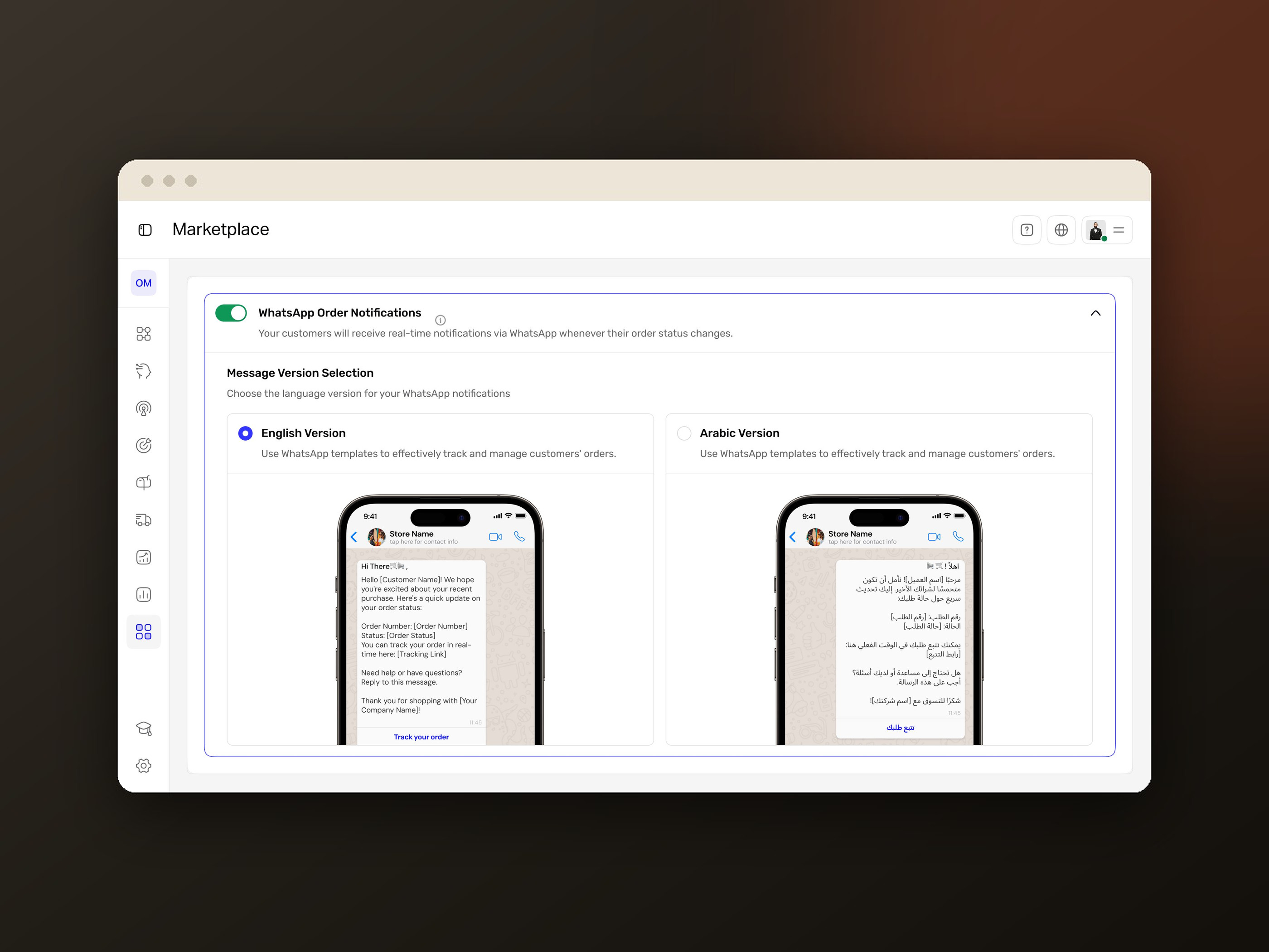 WhatsApp order notifications settings, English and Arabic previews